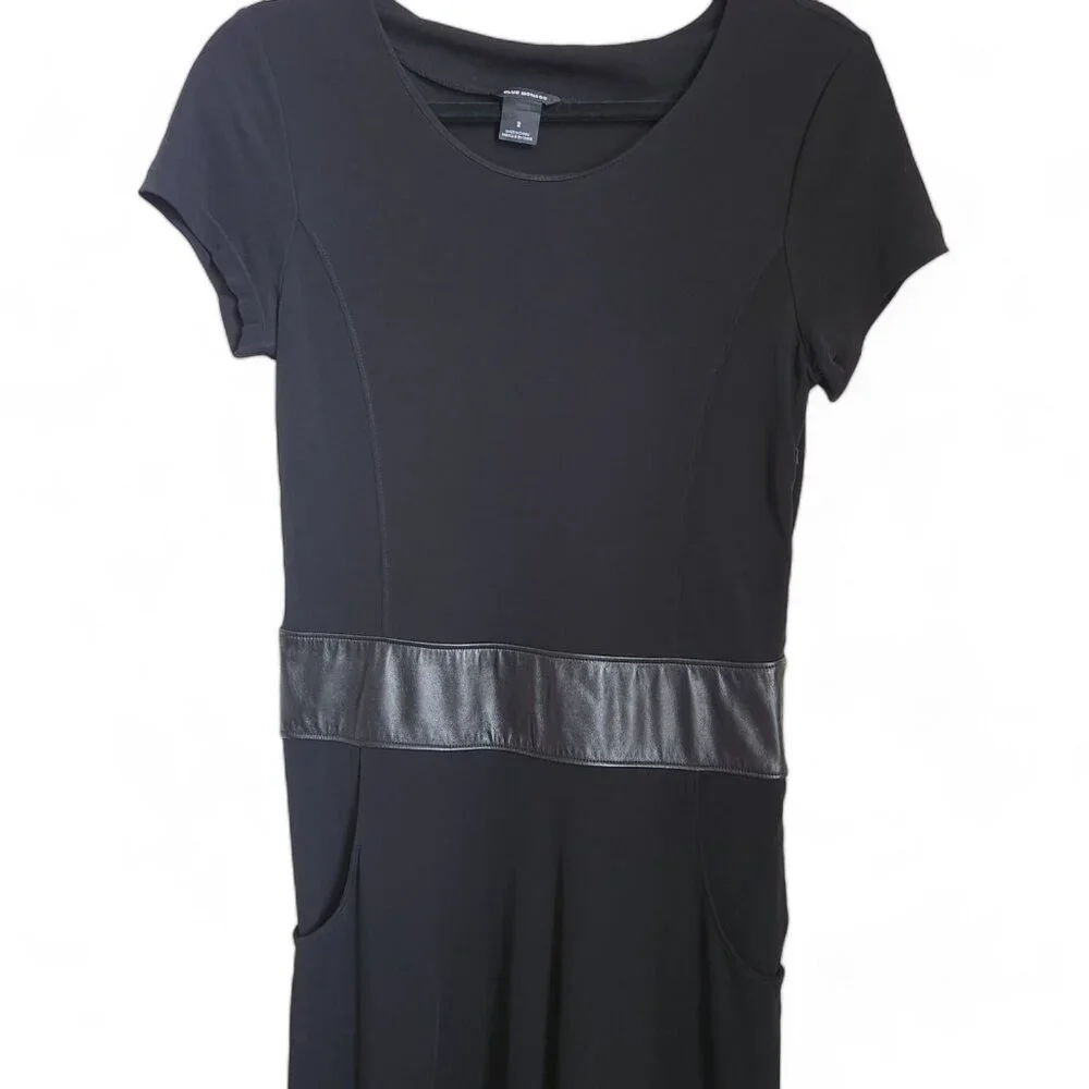Club Monaco Women's 2 Midi Dress Black Sheep Leather Trim Fit‎ & Flare Side Zip